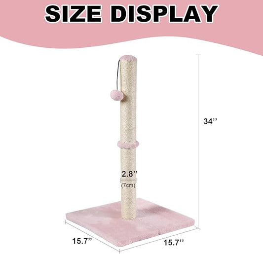 Dimaka Tall Cat Scratching Post, Claw Scratcher with Sisal Rope and Covered with Soft Smooth Plush, Vertical Scratch [Full Strectch] for Standard Size Cats (Pink, 34 inches for Large Cats)