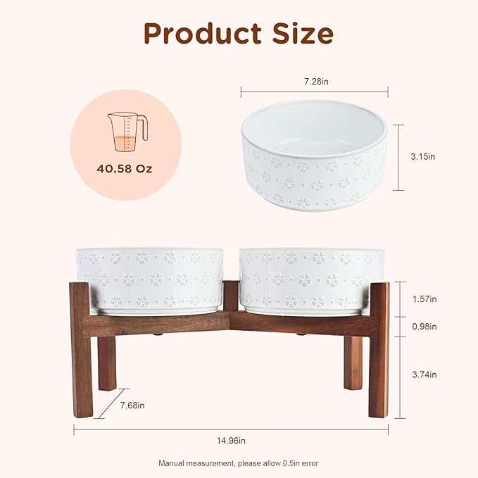 SPUNKYJUNKY Ceramic Dog Bowls with Acacia Wood Stand Raised Food and Water Bowl for Small Medium Sized Dog (18.5cm)
