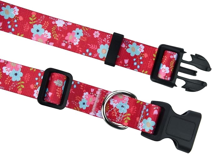 Dog Collar and Leash Set with Bohemia Floral Tribal Geometric Patterns - Soft Ethnic Style Collar Adjustable for Small Medium Large Dogs(Red Floral Set,L)