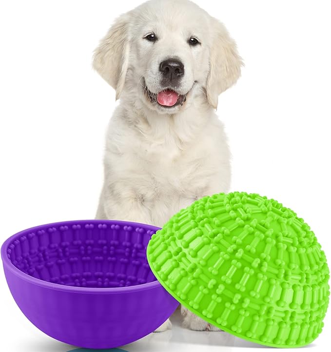 Patelai 2 Pcs Dog Enrichment Lick Bowls Silicone Freeze Bowls Interactive Cat Licking Mats Slow Feeders for Pet Oral Health Boredom Anxiety Relief, Wobble or Stay Put(Green, Purple,Bone)