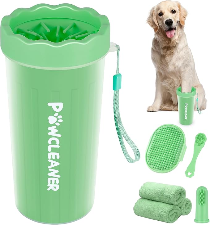 Professional 7 in 1 Dog Paw Cleaner for Dogs - Includes 1 Portable Paw Washer, 1 Bath Brush, 2 Dog Toothbrushes and 3 Absorbent Towels Note: Fits Paws 2.5 to 3.5 Inches Wide (Large, Light Green)