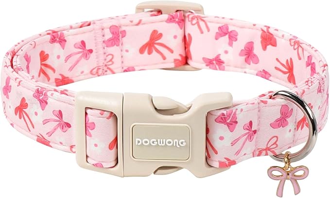 DOGWONG Pink Dog Collar, Cute Flower Girl Female Dog Collar Adjustable Soft Bowtie Print Pet Dog Collar for Large Dogs,L