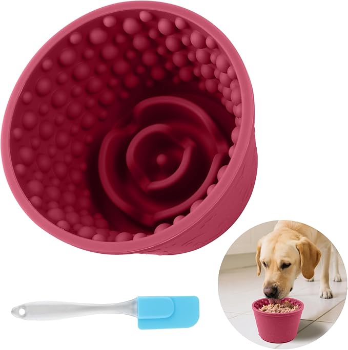 Dog Slow Feeder Lick Bowl - Non-Slip Licking Treat Dispenser for Small Medium Large Dogs, Promotes Anxiety Relief & Prevents Choking, Easy to Clean Feeding Bowl (Wine Red, L)