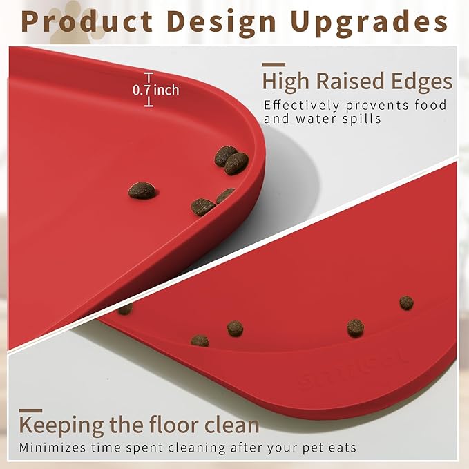 Silicone Pet Food Mat with Raised Edge for Food and Water Bowl, Dog Feeding Mats, Cat Food Trays for Floor Waterproof, Rubber Tray for Dogs and Cats, 17 x 12 x 0.7 Red
