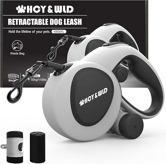 HCY&WLD Upgrade 3-in-1 Retractable Dog Leash with Integrated Dispenser & Poop Bags, 26 ft Heavy Duty Dog Leash with Anti-Slip Handle for Dogs up to 110 lbs, 360° Tangle-Free, One Button Brake & Lock