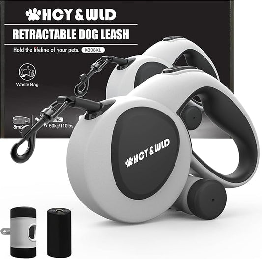 HCY&WLD Upgrade 3-in-1 Retractable Dog Leash with Integrated Dispenser & Poop Bags, 26 ft Heavy Duty Dog Leash with Anti-Slip Handle for Dogs up to 110 lbs, 360° Tangle-Free, One Button Brake & Lock