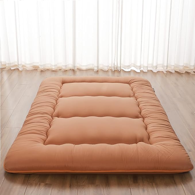 Japanese Floor Mattress, Futon Mattress with Portable Storage Bag and Washable Cover, Roll Up Thick Tatami Mat Suitable for Camping, Guest Room, Light Coffee, Twin
