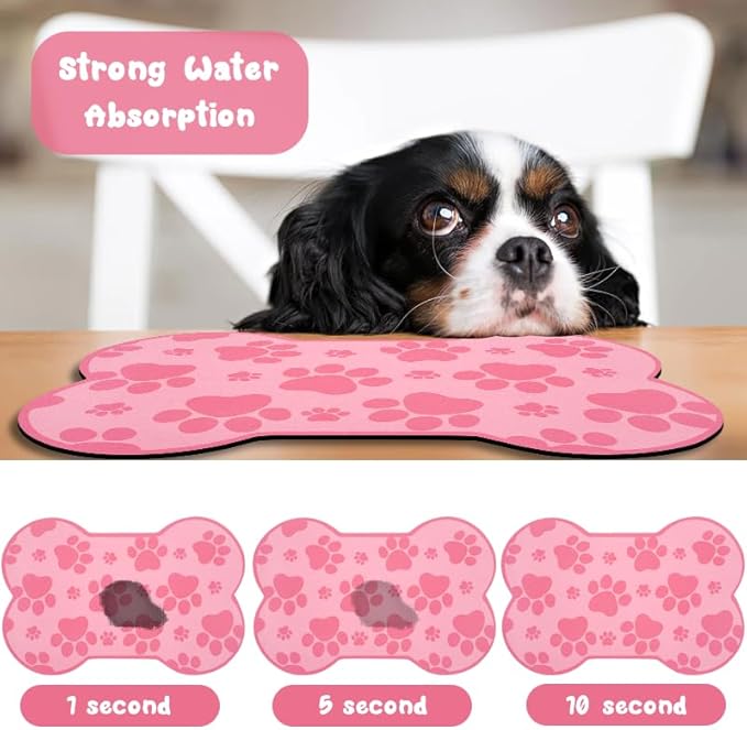 Dog Food Mats for Floors Waterproof, Pet Feeding Absorbent Water Bowl Mat Cat Placemats Pink Bone Shape 23.6 * 15.7 inch