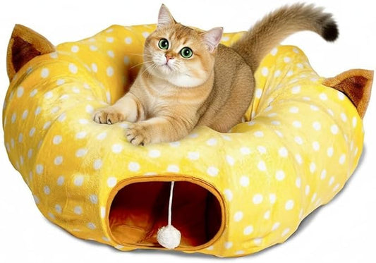 AUOON Cat Tunnel Bed for Indoor Cats - Large Cat Donut Tunnel with Hanging Ball Toy, Collapsible 2-in-1 Multifunctional Interactive Cat Toy for Kitten, Puppy, Rabbit, Ferret (Yellow)