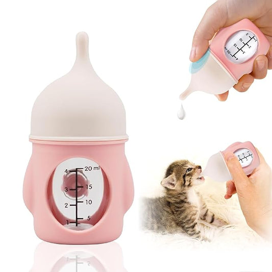 Ergonomic Pet Nursing Bottle,Puppy Bottles for Nursing Puppy Milk - 20ml Slow Flow Kitten Bottle Feeding kit for Newborn Kittens/Puppies/Small Animals, Easy-Clean Silicone Feeder (‌Pink‌)