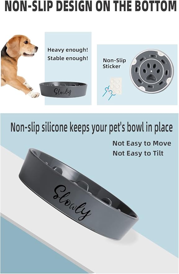 Slow Feeder Dog Bowls, Farmhouse Ceramic Fun Slow Eater Bowl for Medium Sized Dog, Grey