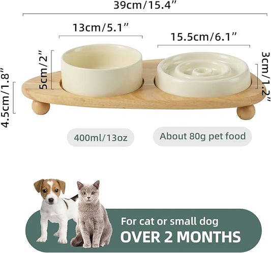 Ceramic Slow Cat Feeder Set, Raised 6.1-inch Slow Cat Food Dish and 5.1-inch Water Bowl with Wooden Stand, Circle Shape. (2 x Bowl with Stand - Beige, 6inch)