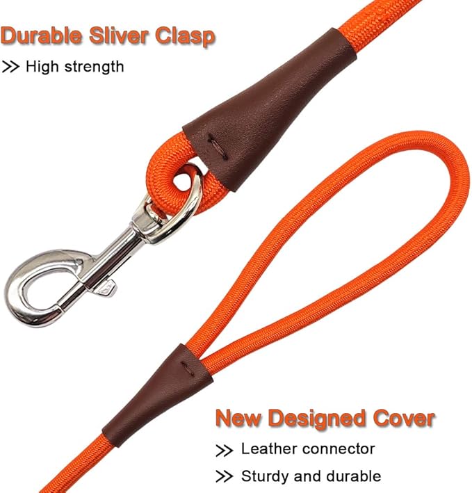 MayPaw 4/6 /8/10 FT Dog Leash, Classic Orange, Strong Nylon Rope Dog Leash Reinforced with Leather Tailor Connection Heavy Duty Silver Clasp (4ft*1/2", Orange)