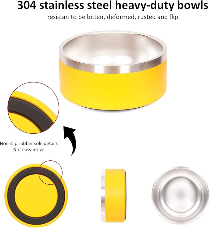 Large Dog Water Bowl Yellow Stainless Steel Dogs Bowls Outdoor Insulated No Spill Pet Food Bowl for Large Dogs Cats & Pet Gifts for Dog Lover Mom Girl Dad, (Yellow)