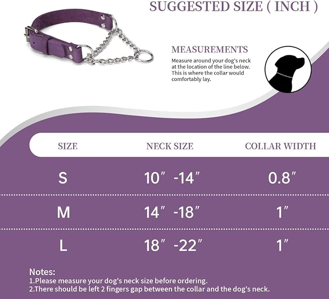 Martingale Collar for Dogs No-Pull Adjustable Training Collar with Stainless Steel Chain - Genuine Leather Anti-Slip Design for Small,Medium,Large Breed Dogs - Purple (S)