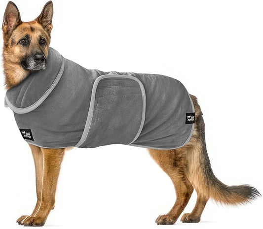 Tuff Pupper Fast Drying Dog Bath Robe | 800 GSM Plush Dog Towel Bathrobe/Dressing Gown | Super Absorbent Pet/Puppy Bathrobe | Adjustable Hood & Belly Strap | Super Soft | Fast Drying (Giant, Gray)