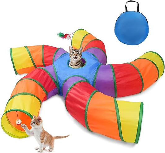 Joytale 5-Way Cat Tunnels for Indoor Cats, Pet Tube Toy with Play Ball and Toy Mouse, S-Shape Collapsible Tunnel with Interactive Hole for Kitty, Kitten, Rabbit, Puppy (Rainbow)