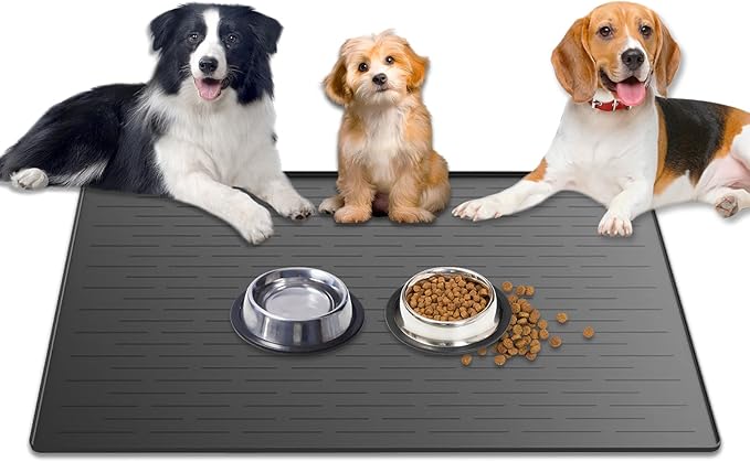 1.5MM Super Thick Dog Food Mat, 40"x30" Silicone Dog and Cat Mats for Food and Water Bowls, Waterproof Pet Feeding Mat for Contain Spills Protects Floors, Multiple Colors & Sizes for Pets, Dark Gray