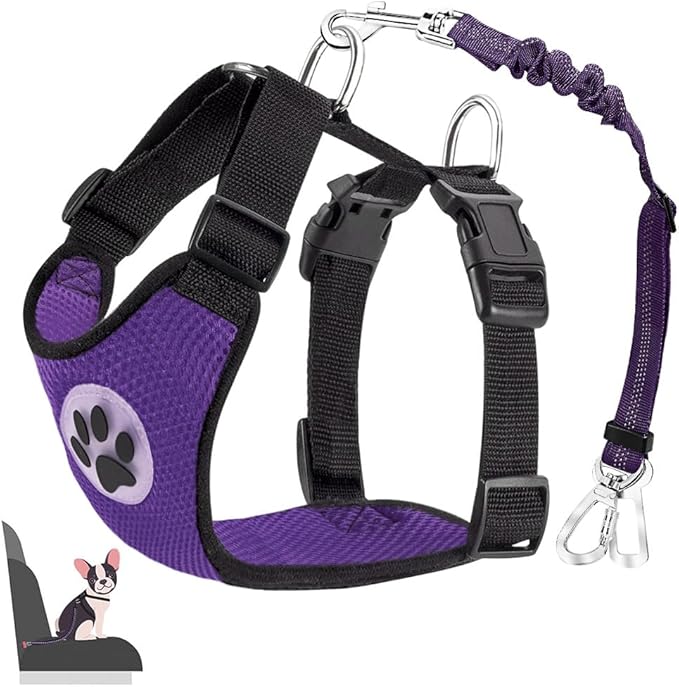 Lukovee Dog Seat Belt for Car, Adjustable Dog Car Harness for Large Medium Small Dogs, Soft Padded & Breathable Mesh Dog Seatbelt with Car Strap and Carabiner (Purple,XXXS)
