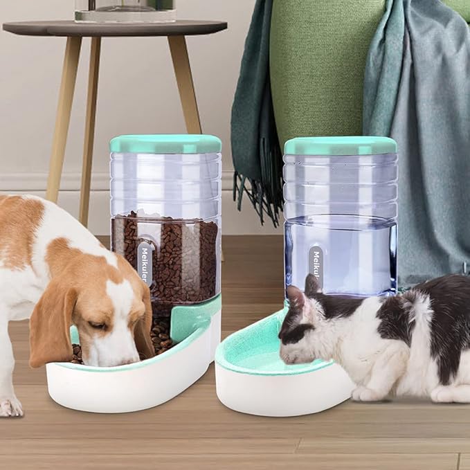 Meikuler Automatic Dog Cat Feeder and Water Dispenser Set,Waterer and Gravity Food Feeder for Small & Medium Dogs Cats Puppies,Large Capacity 1 Gallon x 2 (Green)