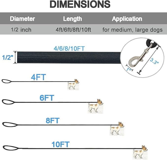 MayPaw 4/6 /8/10 FT Dog Leash, Classic Solid Colors, Strong Nylon Rope Dog Leash Reinforced with Leather Tailor Connection Heavy Duty Silver Clasp (Black, 6ft*1/2")
