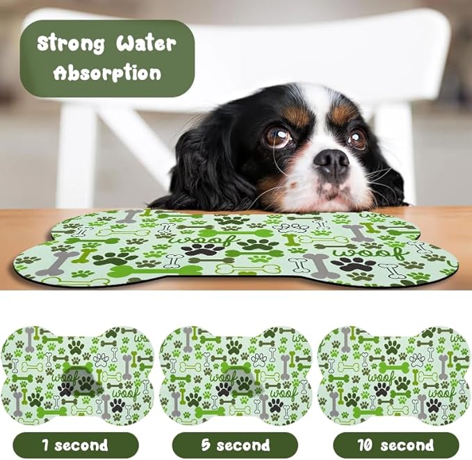 Dog Food Mats for Floors Waterproof, Pet Feeding Absorbent Water Bowl Mat Cat Placemats Green Bone Shape 25.5 * 17 inch