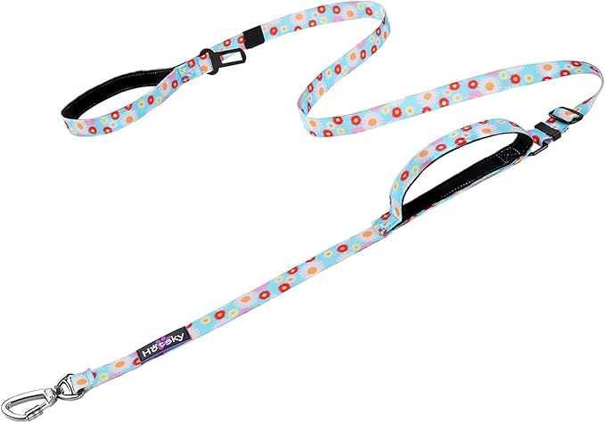 Hotsky Double Handle Dog Leash for Large Medium and Small Breed Dogs That Pull,Adjustable Nylon Heavy Duty Dog Leash with Car Seat Belt for Walking and Training,Daisy,4.5-6 FT
