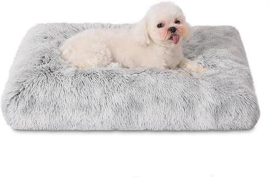 Bedfolks Waterproof Dog Crate Bed, Plush With Removable Washable Cover, Faux Fur Pad for Small Dogs and Cats, Fluffy Kennel 23"x18", Grey