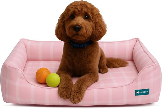 Orthopedic Bolster Dog Bed – CertiPUR-US Foam, Recycled Polyester Canvas, Washable Cover, Anti-Slip Bottom, Large, Pink Check – Stylish Designer Dog Sofa