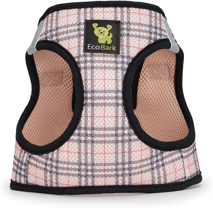EcoBark Step in Dog Harness - Eco-Friendly Small Breed Dog Harnesses for Small and Medium Breed Dogs - Reflective and Adjustable Body Halter Vest - Soft Mesh Toy Breed Harness (Beige Plaid, Large)
