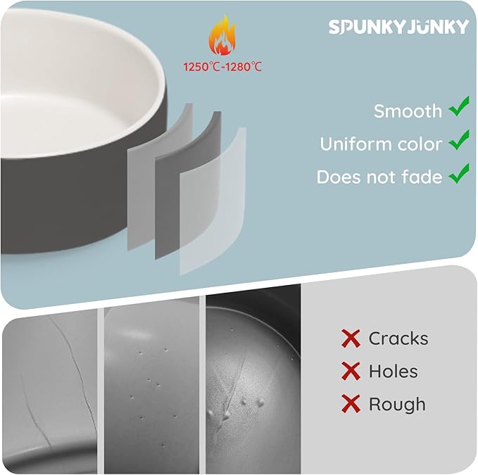 SPUNKYJUNKY 13.5OZ Ceramic Dog and Cat Bowl, Modern Cute Weighted Food Water Bowl for Replacement White-Grey (2 Pack)