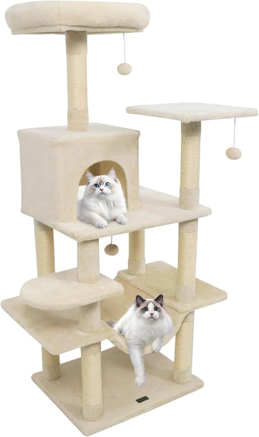 PETSITE Multi-Level Cat Tree, 58 Inches Tall with Sisal Scratching Posts, Condo, Hammock, Dangling Balls, Jumping Platforms, and Cozy Top Perch, Ideal for Indoor Cats to Play and Rest (Beige)