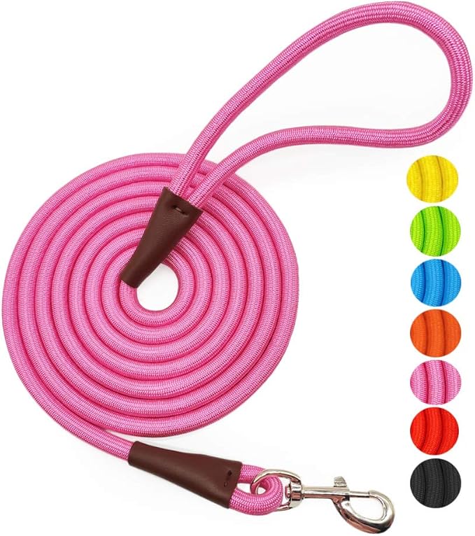 MayPaw 4/6 /8/10 FT Dog Leash, Classic Solid Colors, Strong Nylon Rope Dog Leash Reinforced with Leather Tailor Connection Heavy Duty Silver Clasp (Pink, 10ft*1/2")