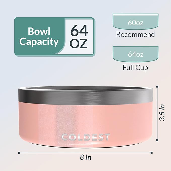 Coldest Dog Bowl - Anti Rust Metal, Non Slip, 3 Layers Insulated Stainless Steel Dog Bowls - Spill Proof & Heavy Duty - Water Bowl for Dogs, Cats & Pets, Dish Washer Safe (64 oz, Forever Pink Glitter)