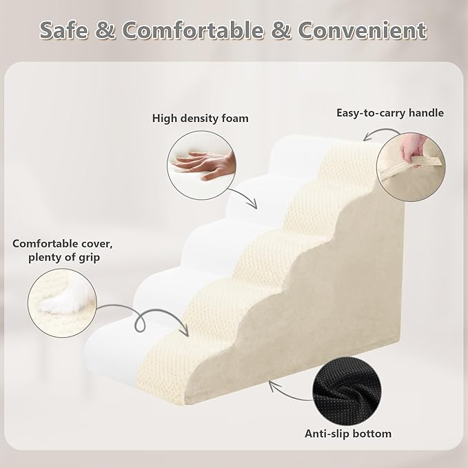 MIHIKK Dog Stairs Ramp, Curved 5-Step Dog Steps for Small Dogs and Cats, Pet Stairs for High Beds and Couch with Anti-Slip Washable Cover and Durable High Density Foam, Beige