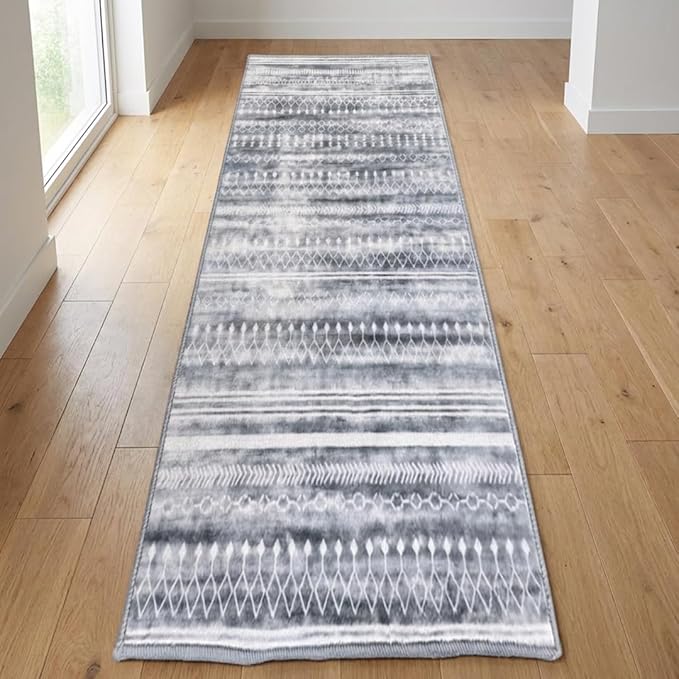 Muddy Mat짰 Greyline 3ft x 7ft Washable Area Rugs for Living Room, Bedroom & Dining Room ??Modern Soft Low Pile Non Slip Carpet ??Pet Friendly Waterproof Foldable Rugs for Home