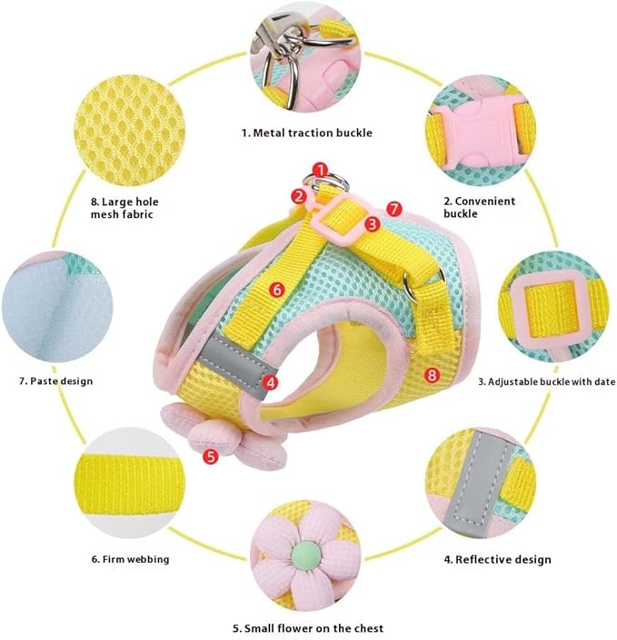 Floral Mesh Dog Harness with Matching Leash， Lightweight Pet Vest, Suitable for Small and Medium-Sized Cats and Dogs to Wear，Pink/Yellow (Yellow, M:12-15lbs)
