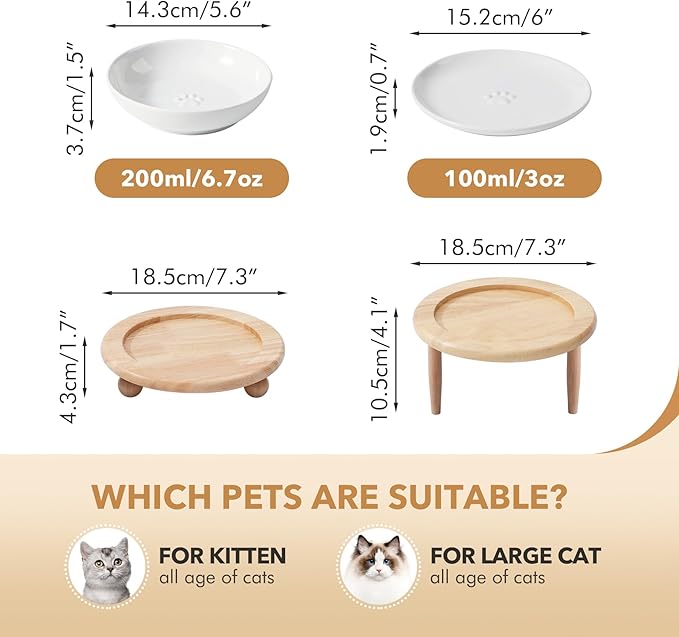 Raised Ceramic Wide Whisker Friendly Cat Dishes, Food&Water Bowl with 2 Style Stand Adjustable Pet Bowl Set(1Dish+1Shallow Dish+Stand, White