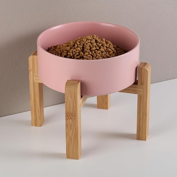 Pink Raised/Elevated Ceramic Dog Bowl for Medium Large Sized Breeds,Dog Food Water Bowl with Stand,8 in 7.6 Cups Non Slip Heavy Weighted