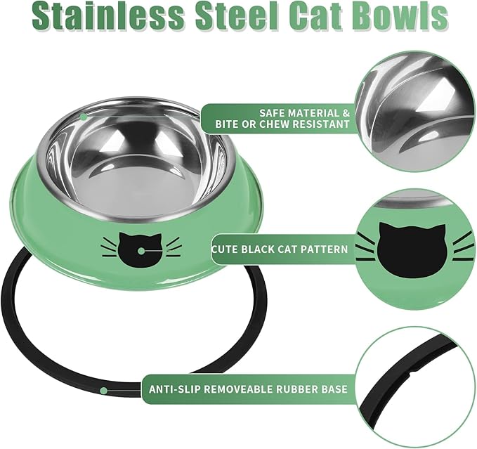 2 Pcs Non-Slip Stainless Steel Small Cat Food Bowls - Unbreakable, Thicken 7 Oz Cat Dishes - Indoor, Removable Rubber Base, Easily Clean, Lovely Color
