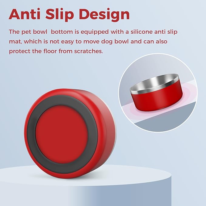 Dog Bowl, Stainless Steel Dog Food and Water Bowl with Non Slip Quiet Bottom, Easy to Clean, Dishwasher Safe, 64oz, Red