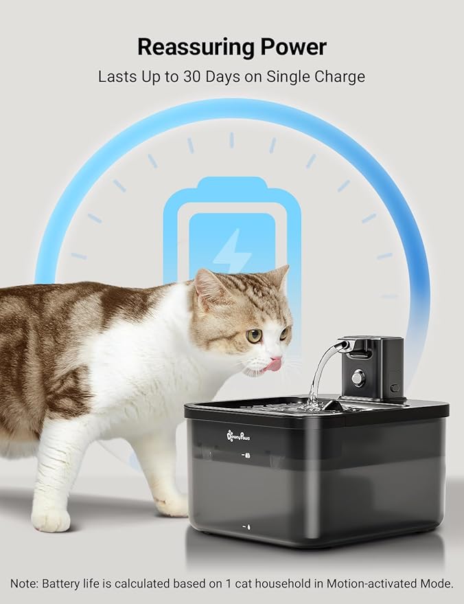 DownyPaws Battery Operated Cat Water Fountain, 84oz/2.5L Fursink Wireless Cat Waterer Fountain with Motion Sensor, BPA-Free, Black with 6 Filters
