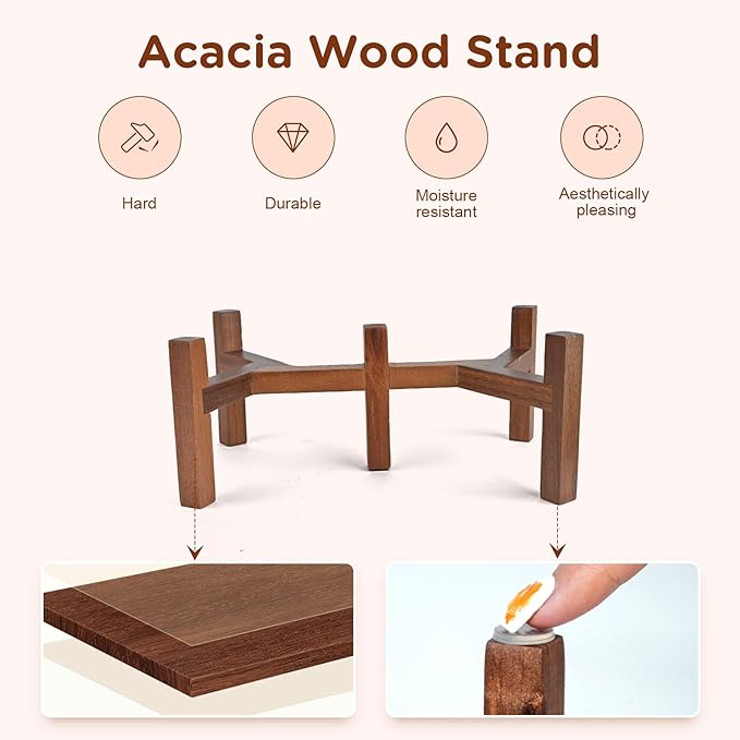 SPUNKYJUNKY Ceramic Dog Bowls with Acacia Wood Stand Raised Food and Water Bowl for Small Medium Sized Dog (Deep, 15.5cm)