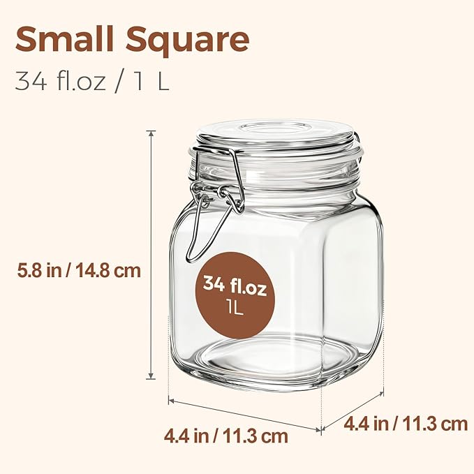 ComSaf Airtight Glass Canister Set of 3 with Lids 34oz Food Storage Jar Square - Storage Container with Clear Preserving Seal Wire Clip Fastening for Kitchen Canning Cereal,Pasta,Sugar,Beans,Spice
