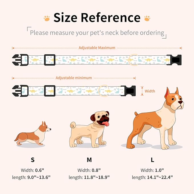 Cotton Dog Collar,Adjustable Cute Puppy Collar with Moon Patterned Design for Small Medium Large Dogs,Soft and Fancy Pet Collar with Safety Buckle for Girl Boy Dogs (Yellow Dinosaur, L)