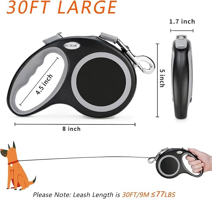 Retractable Dog Leash, 30 FT/ 20 FT Dog Walking Leash for Small Medium Large Dogs up to 77 lbs, Heavy Duty No Tangle (Black, 30 FT (30-77 lbs))