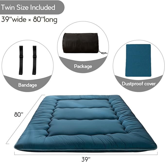 MAXYOYO Japanese Floor Mattress Futon Mattress, Thicken Sleeping Pad Foldable Roll Up Floor Futon for Adults Tatami Mat Dormitory Bed Lounger, Bluestone, Twin Size