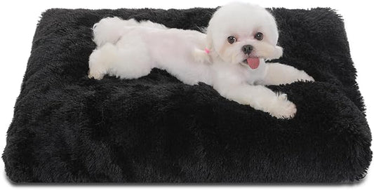 Bedfolks Plush Dog Crate Pad, Washable Dog Kennel Bed, Faux Fur, 17"x12", Black