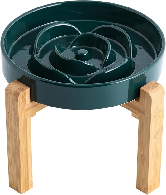 8.66 in Green Dog Bowl Ceramic Slow Feeder with Wood Stand for Small Medium Large Dogs, Elevated/Raised Slow Feeding Dog Dish to Slow Down Eating, Heavy Puppy Bowl for Fast Eaters