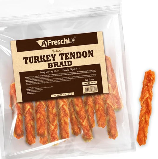 A Freschi srl Turkey Tendons for Dogs, USA-Sourced, Healthy Dog Treats, Rawhide-Free Puppy Chews, Long Lasting, All Natural, Hypoallergenic Dog Treats for Medium Breeds, 8 oz Pack Braid (M)